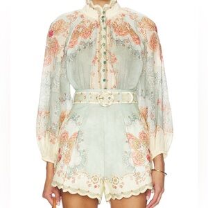 Zimmerman Daylight belted scalloped pleated printed linen shorts Size 0